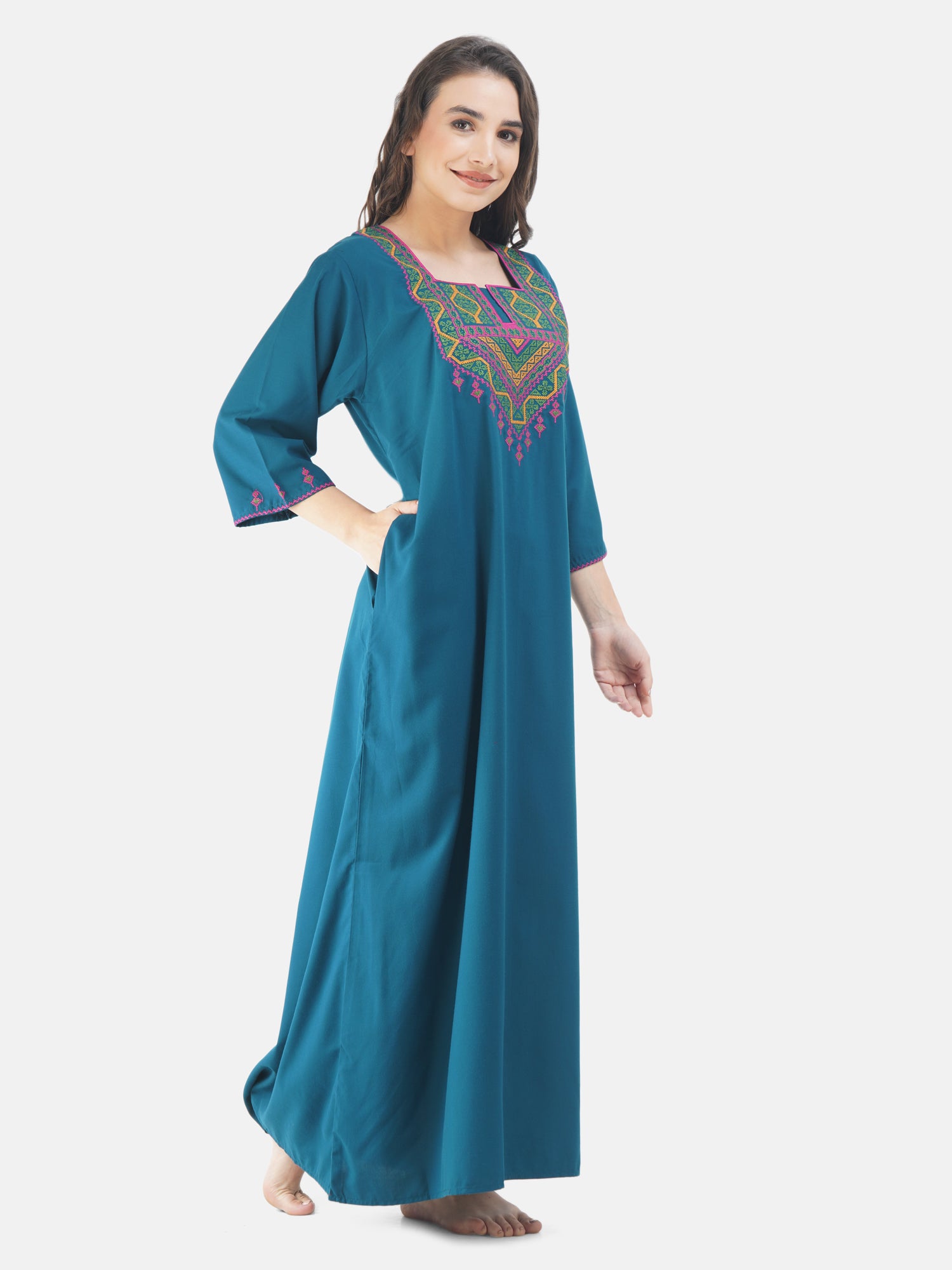 Resham Embroidery Full Sleeve Night Gown
