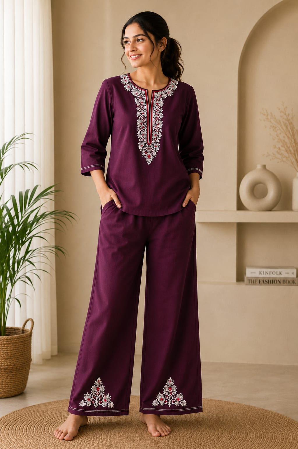 Women’s Embroidered Plum Lounge Set