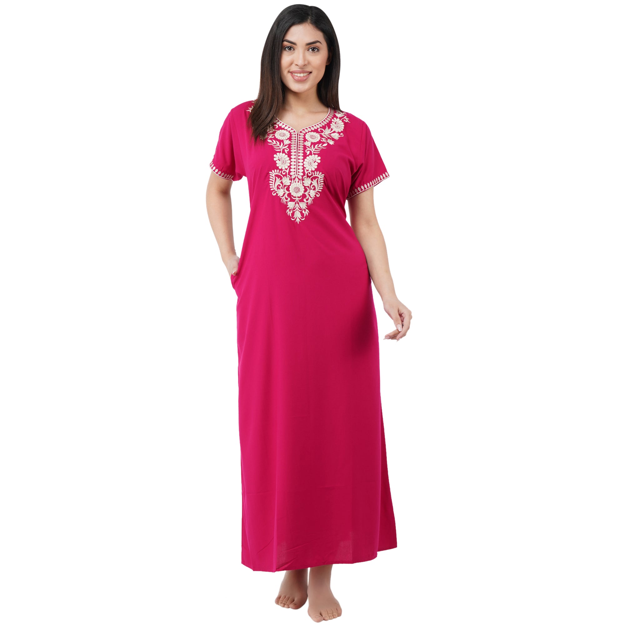 White Six Floral Embroidered Nightgown