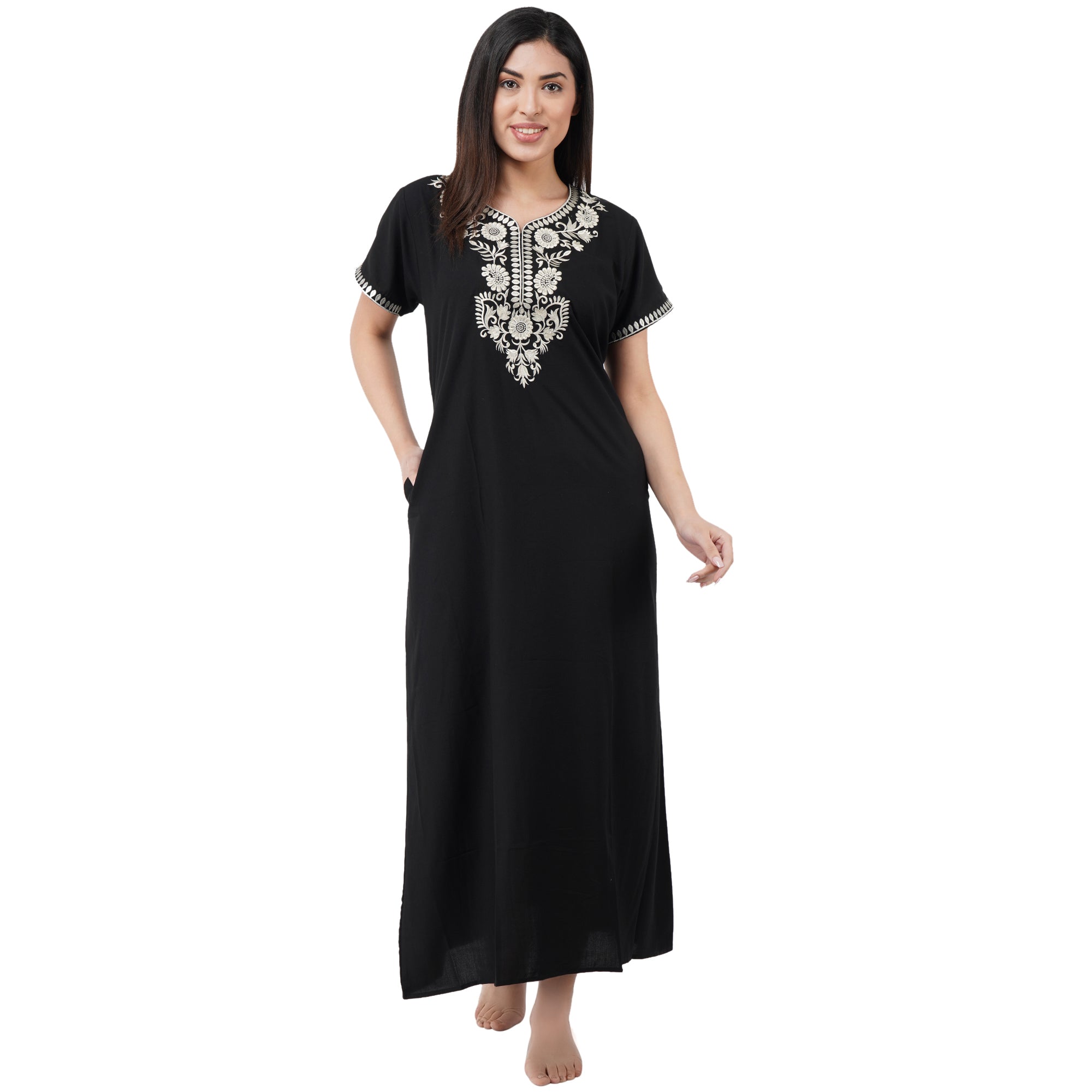 White Six Floral Embroidered Nightgown
