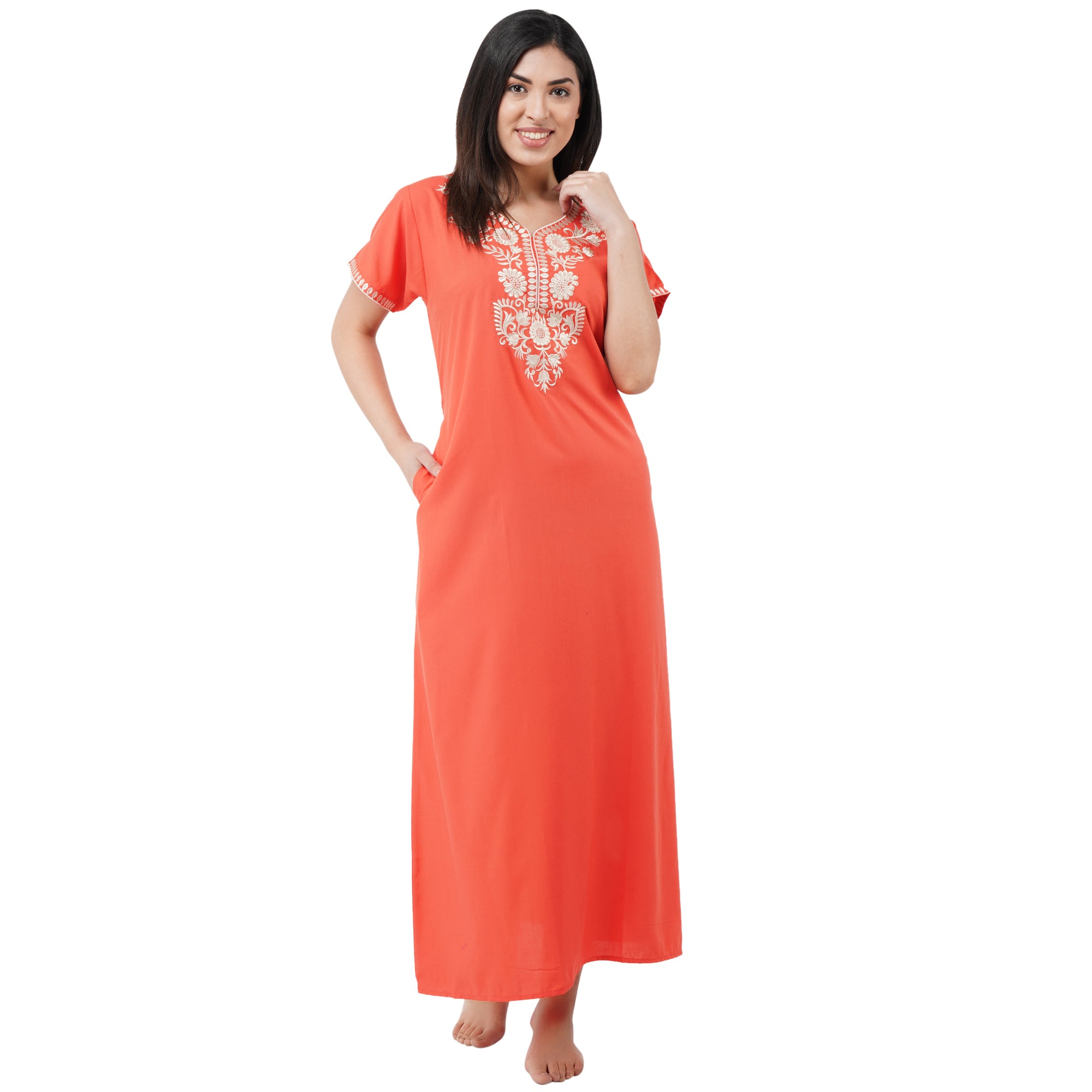 White Six Floral Embroidered Nightgown