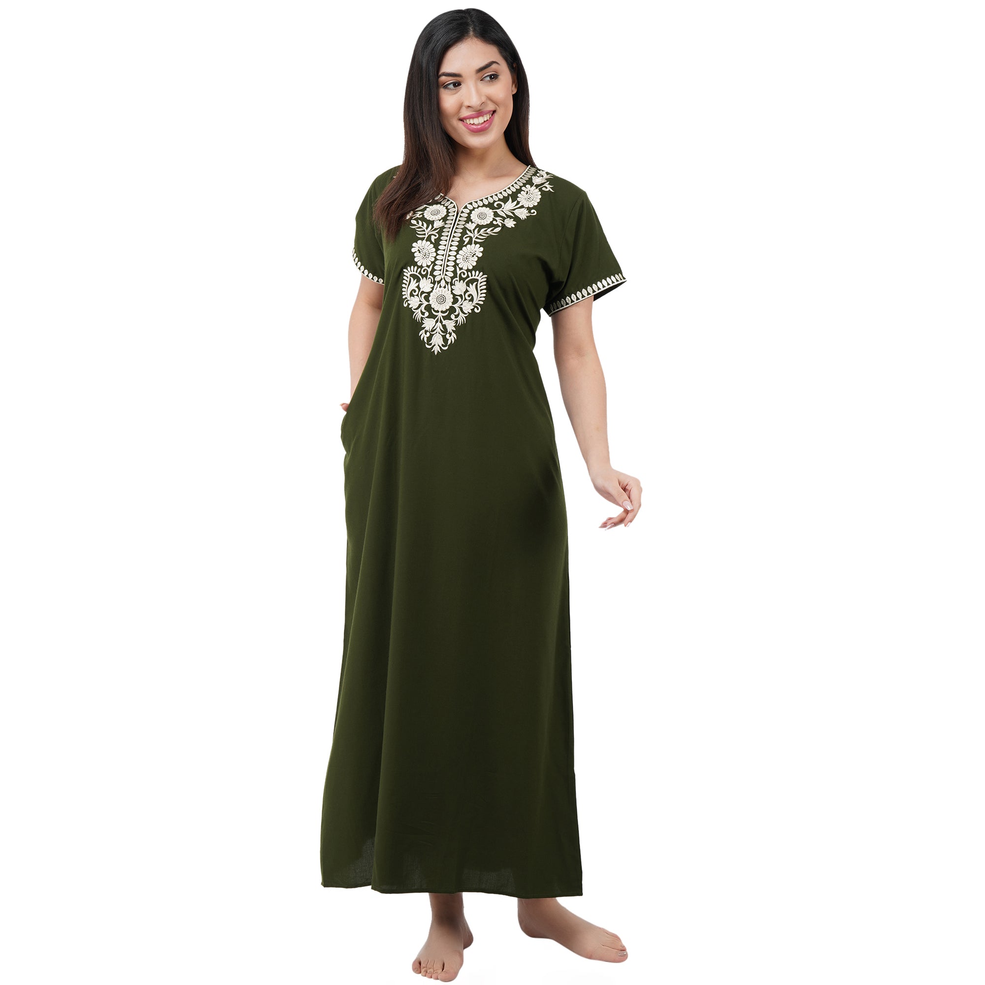 White Six Floral Embroidered Nightgown