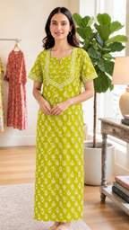 Cotton Block-Print A-Line Long Nightgown