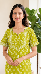 Cotton Block-Print A-Line Long Nightgown