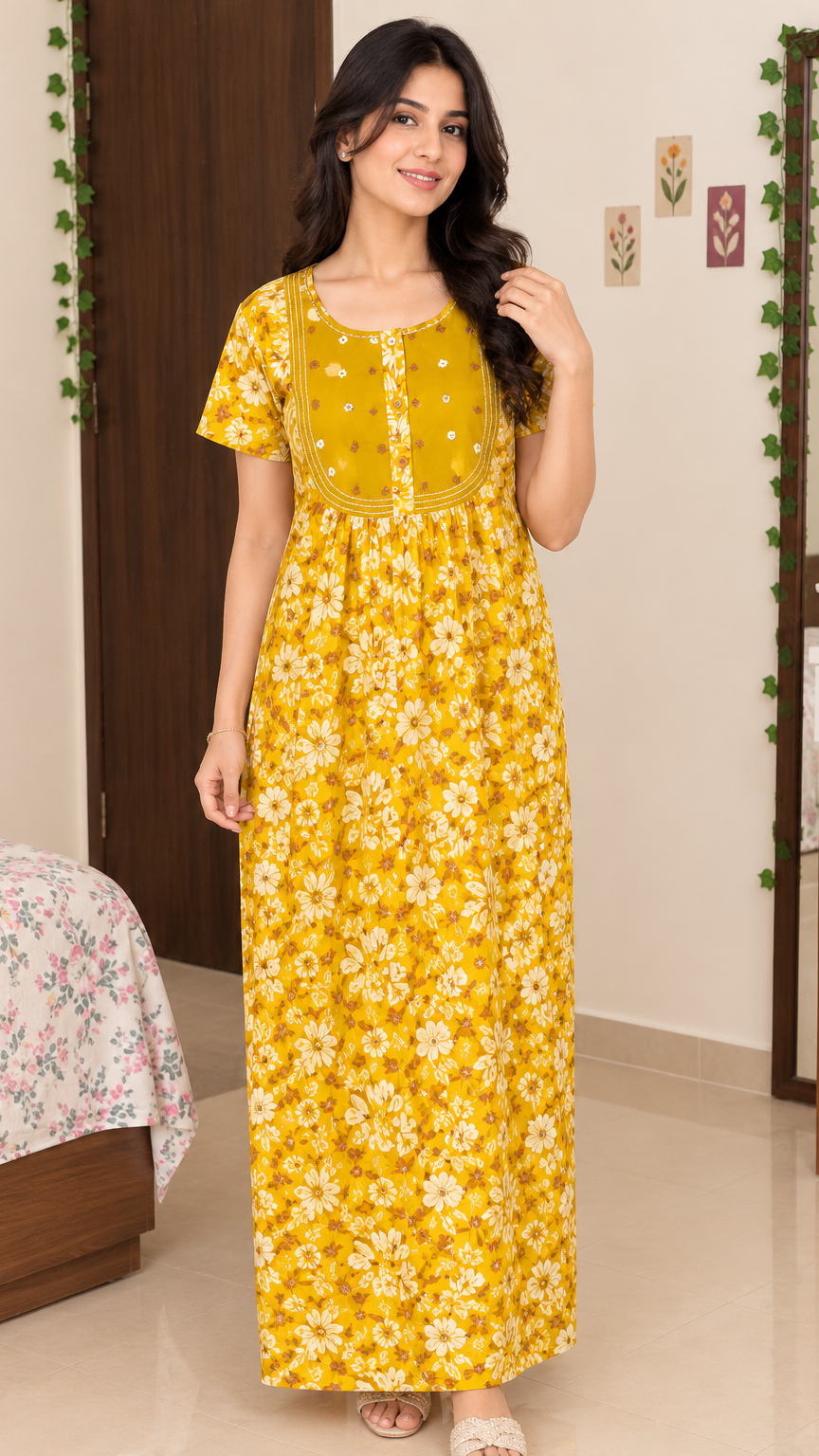 Floral Embroidered Cotton Nighty