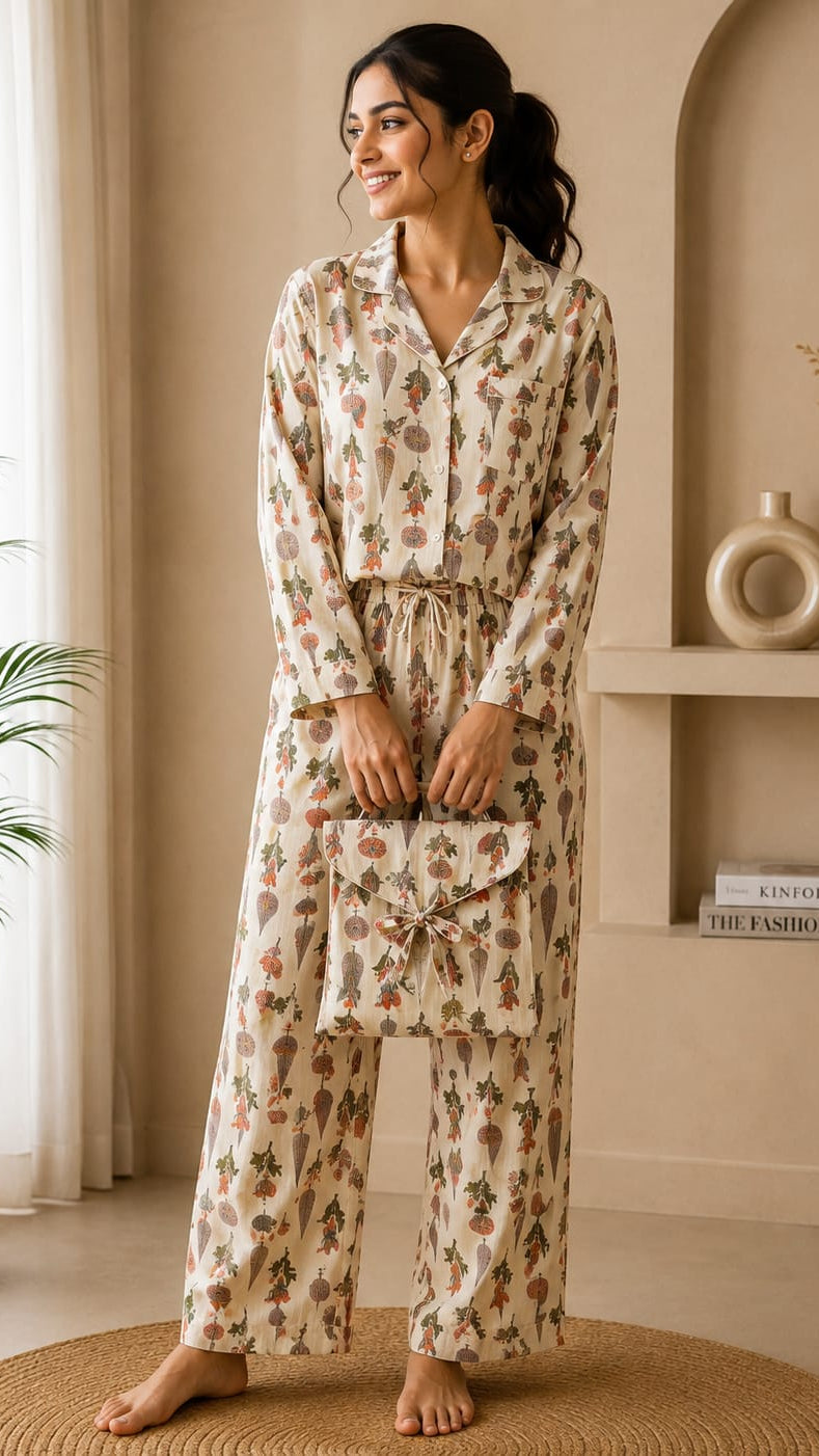 Women’s Printed Cotton Lounge Set with Matching Bag Secondary image