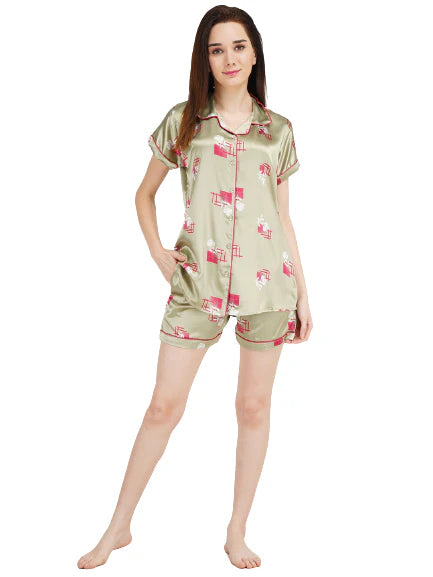 Satin Short Night suit with Beautiful Rose Pattern