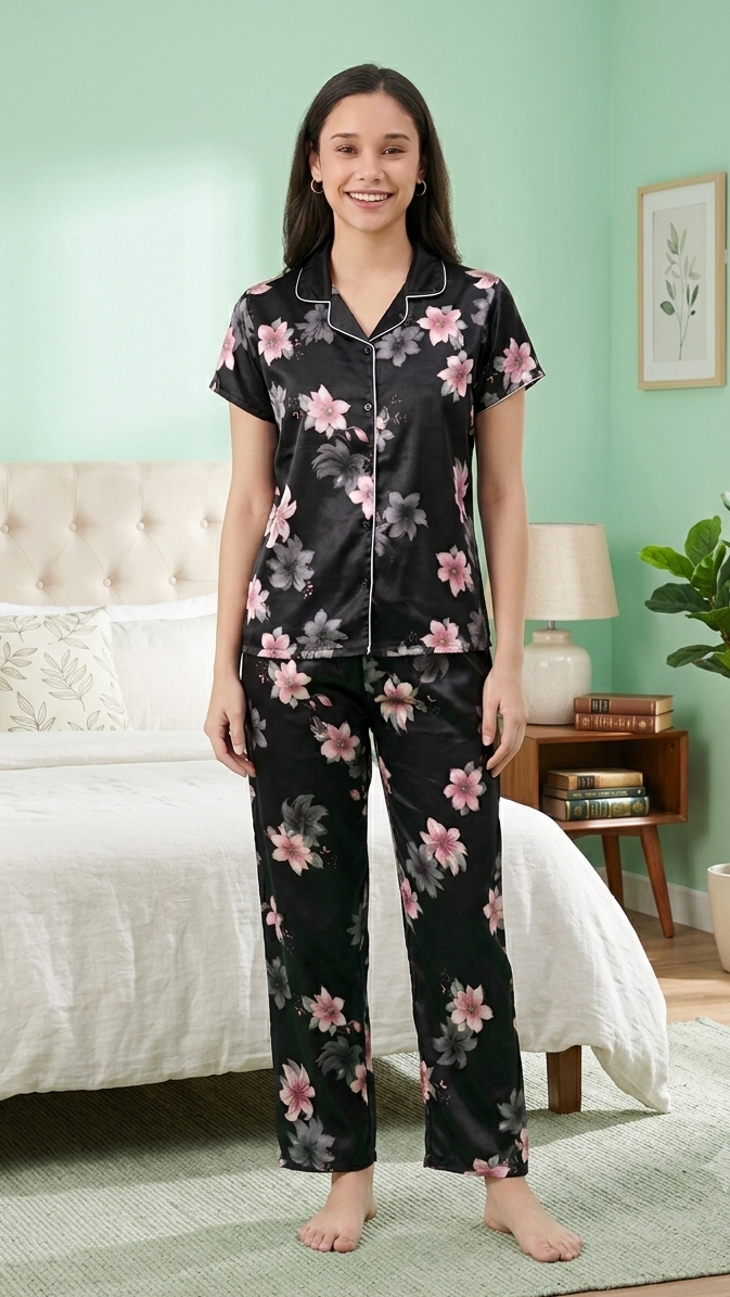 Premium Italian Satin Floral Night Suit for Women