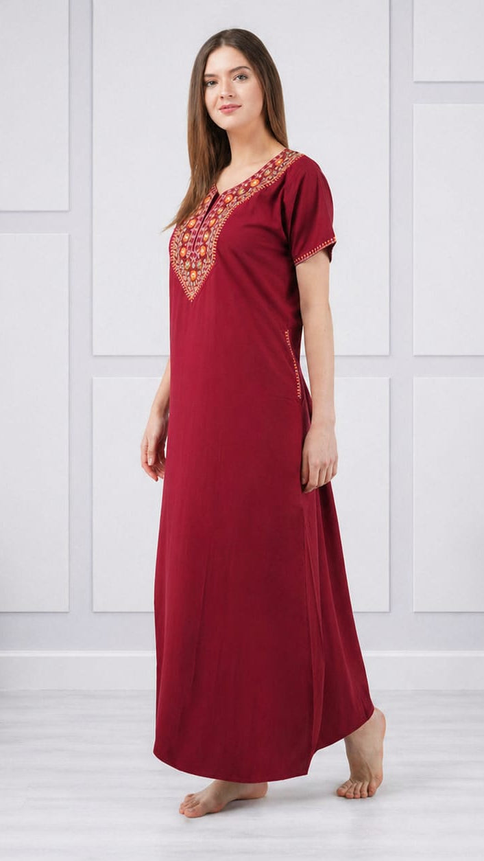 V-shaped Embroidery Night Gown