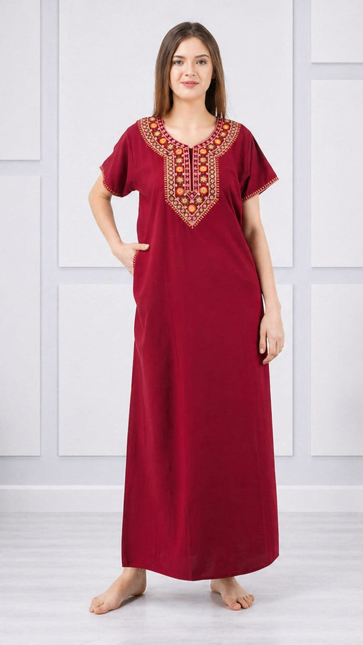 V-shaped Embroidery Night Gown