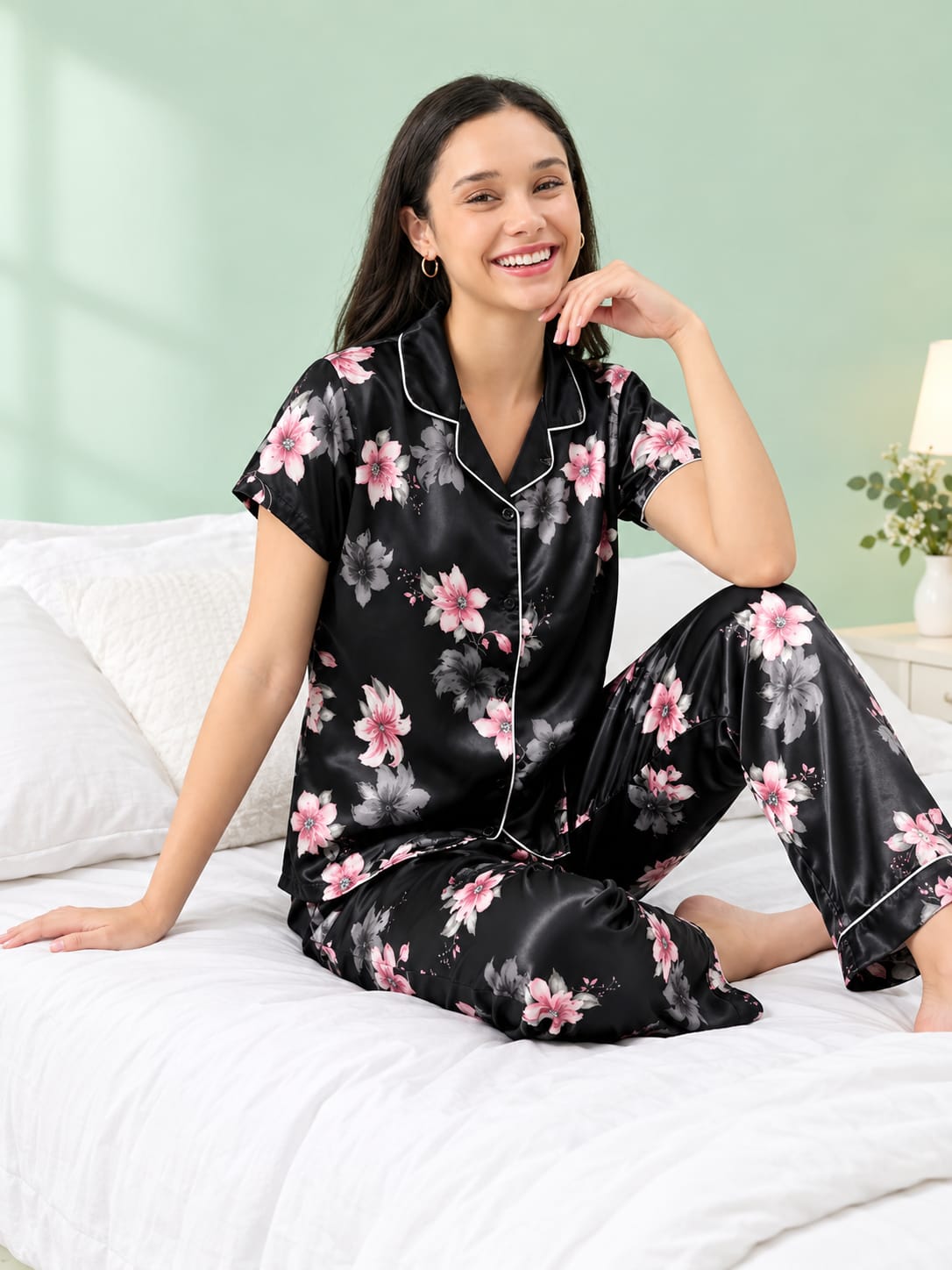 Satin Flower Print Nightsuit