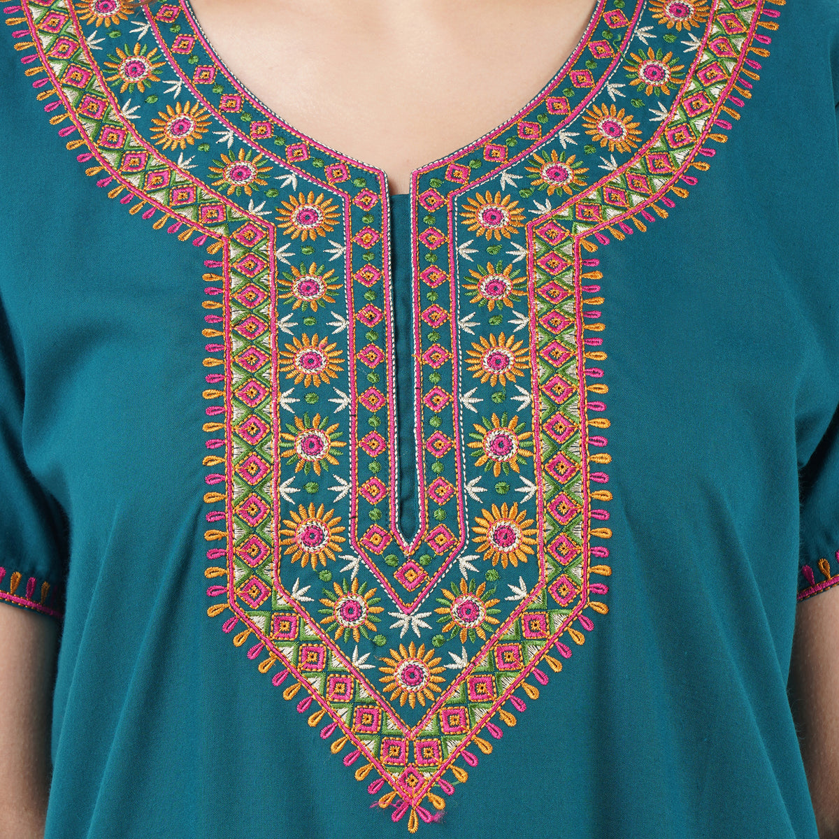 V-shaped Embroidery Night Gown