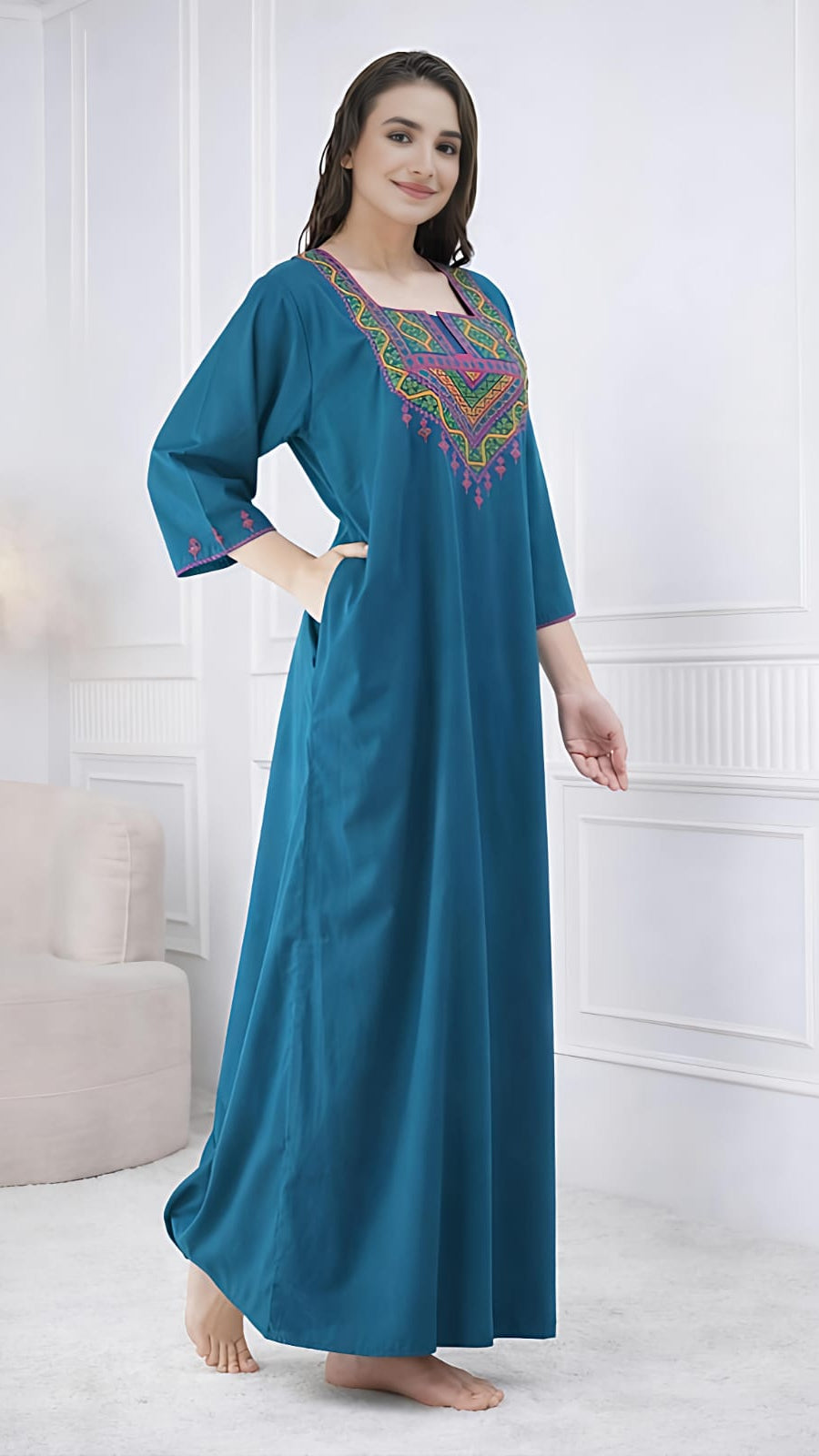 Resham Embroidery Full Sleeve Night Gown