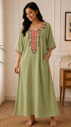 Women's Premium Lissy Bissy Cotton Full Sleeve Crosswork Embroidered Night Gown