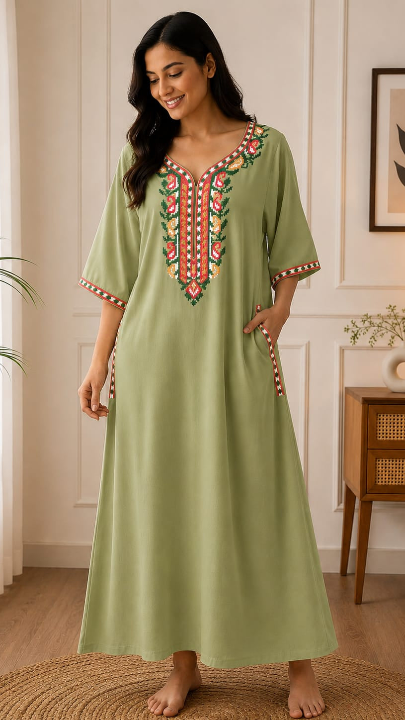 Women's Premium Lissy Bissy Cotton Full Sleeve Crosswork Embroidered Night Gown