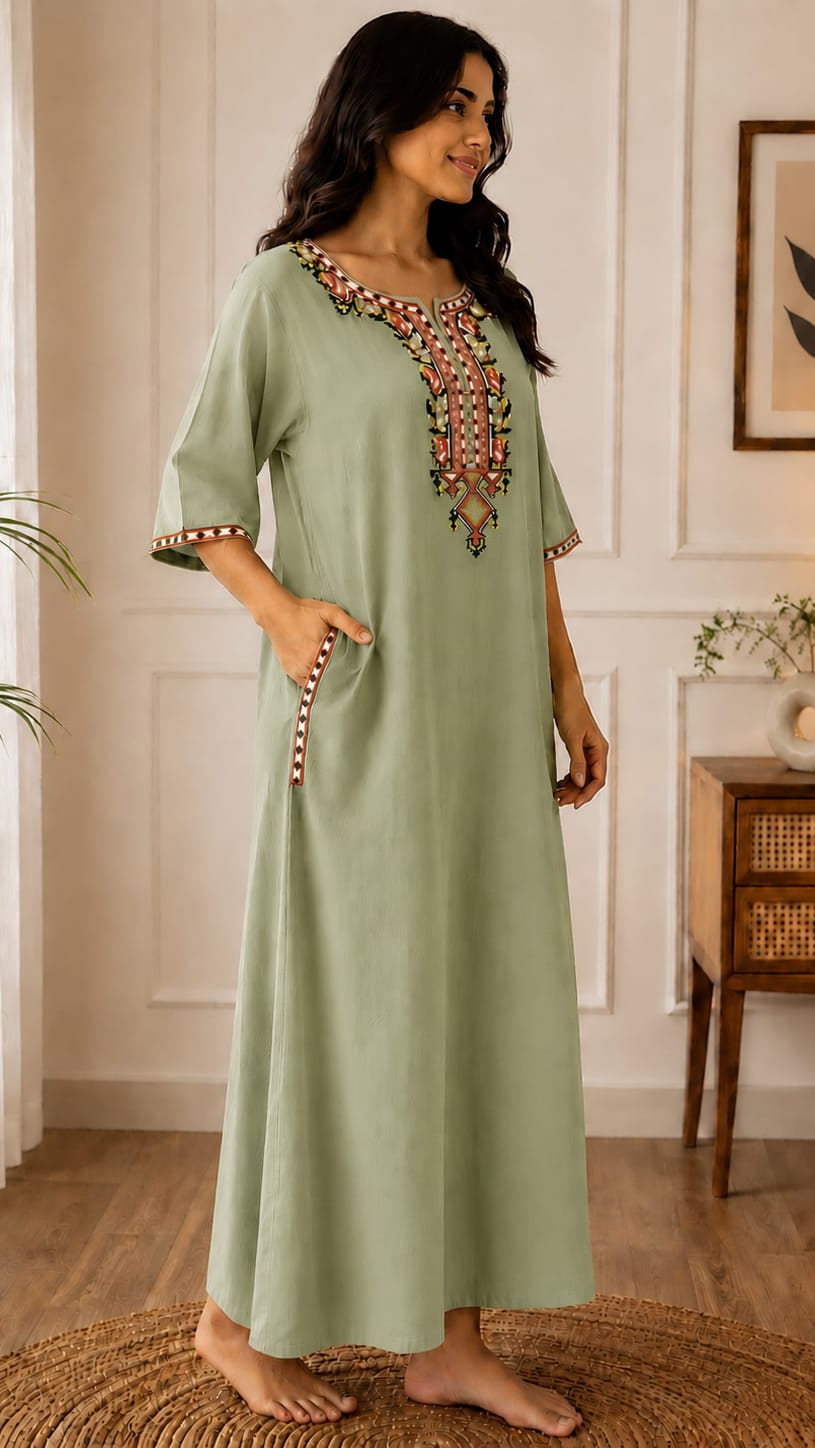 Women's Premium Lissy Bissy Cotton Full Sleeve Crosswork Embroidered Night Gown