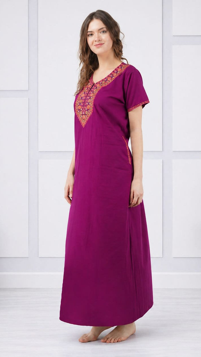 V-shaped Embroidery Night Gown