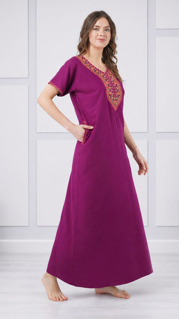 V-shaped Embroidery Night Gown