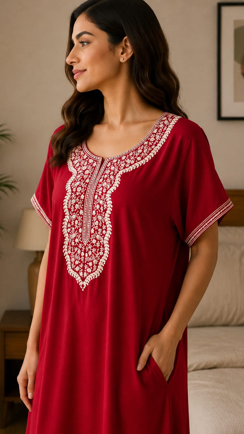 Maroon Elegance Embriodered Nightgown