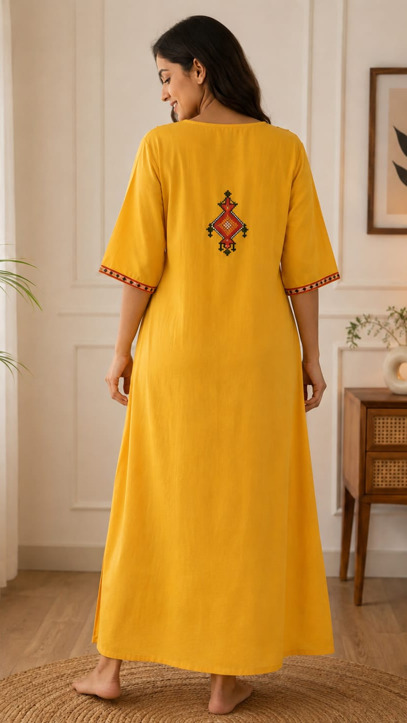 Women's Premium Lissy Bissy Cotton Full Sleeve Crosswork Embroidered Night Gown