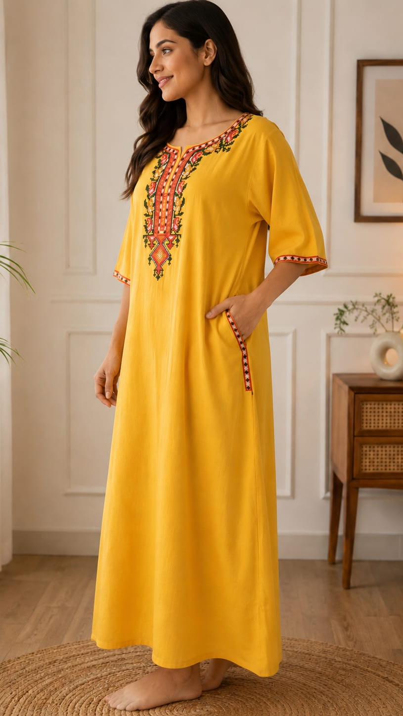 Women's Premium Lissy Bissy Cotton Full Sleeve Crosswork Embroidered Night Gown