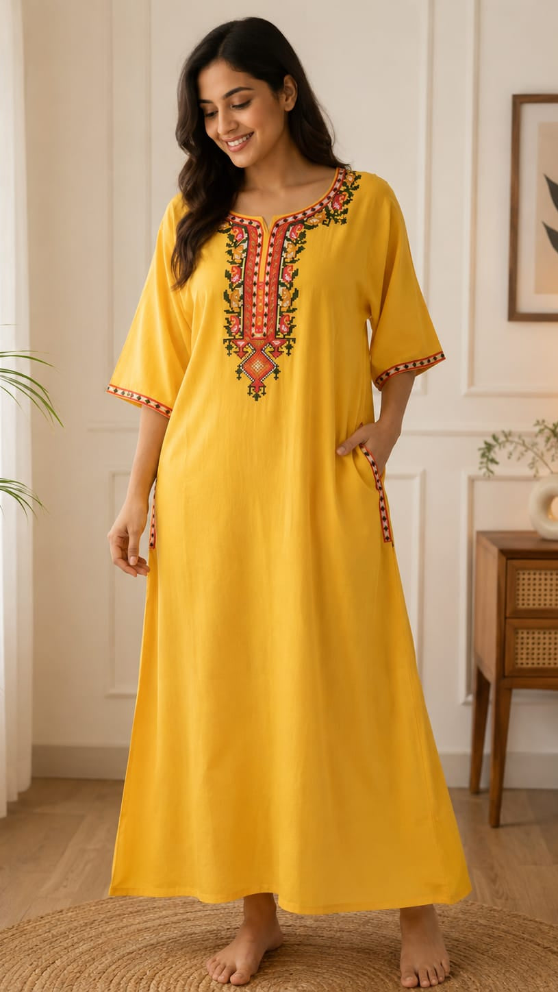 Women's Premium Lissy Bissy Cotton Full Sleeve Crosswork Embroidered Night Gown