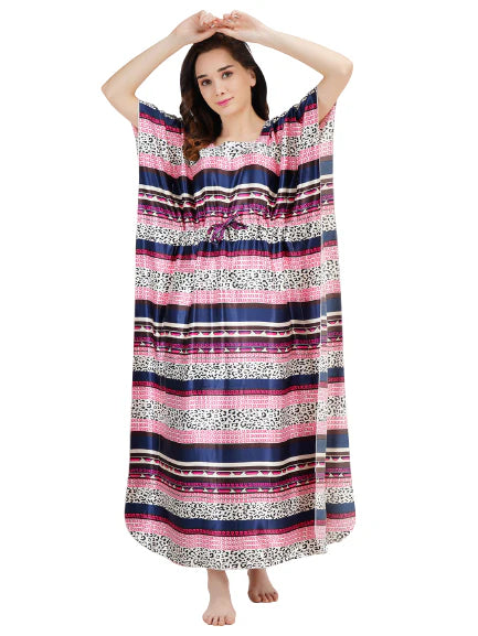Satin Kaftan Nightgown with Multi Color Print