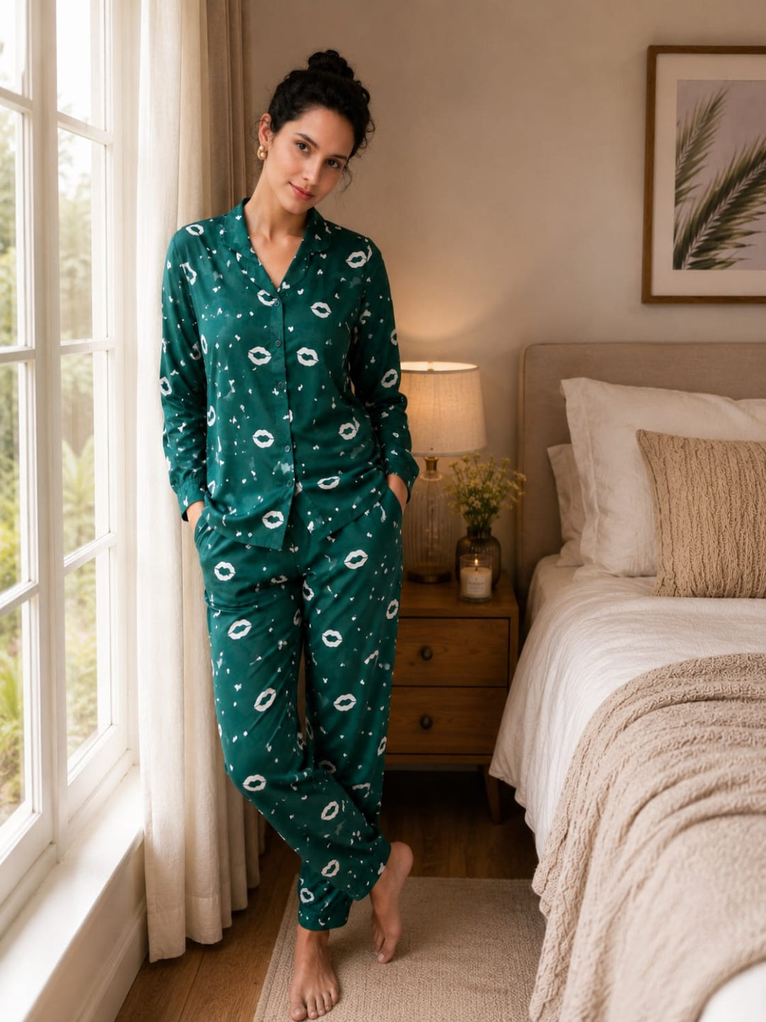 Women Green Printed Satin Night Suit Set for Women | Full Sleeve Shirt & Pyjama Co-ord Sleepwear Set Main image