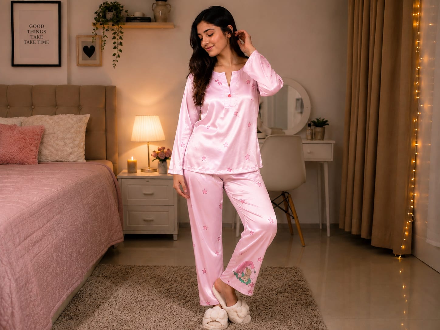Premium Baby Pink Satin Co-ord Night Suit Set