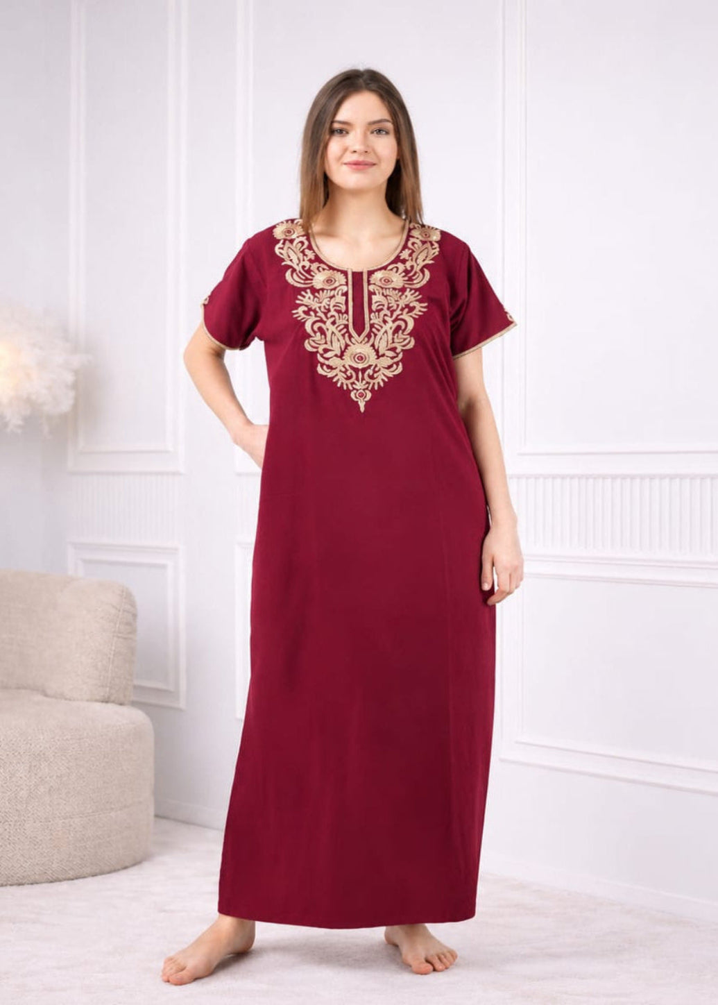 Creme Floral Embroidered  Nightgown Main image