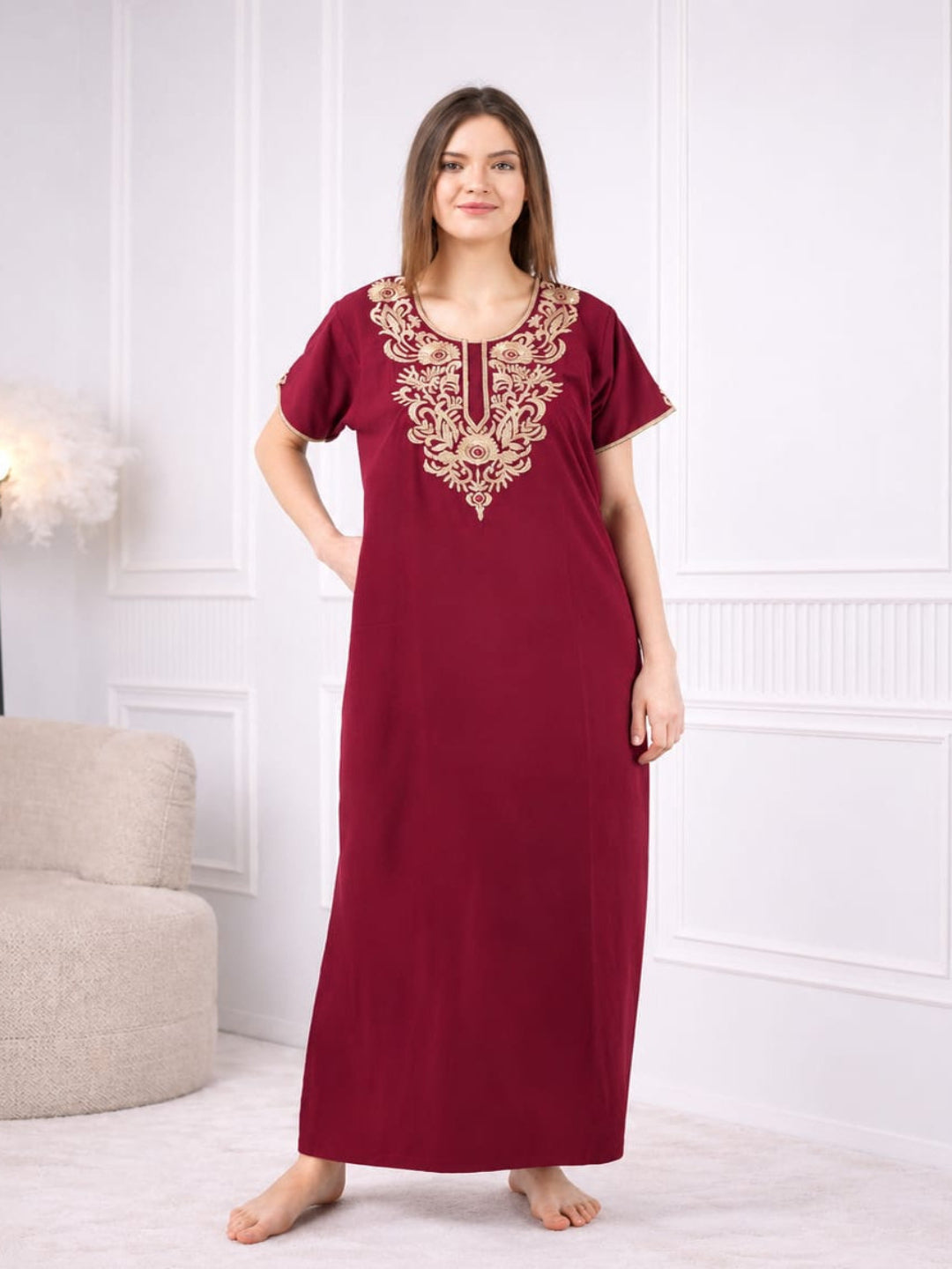 Creme Floral Embroidered  Nightgown Main image