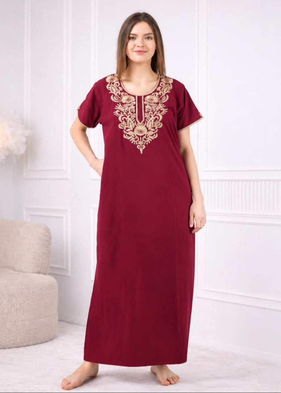 Creme Floral Embroidered  Nightgown Main image