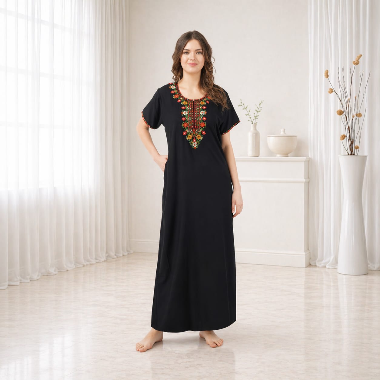 Multifloral Embroidery Night Gown
