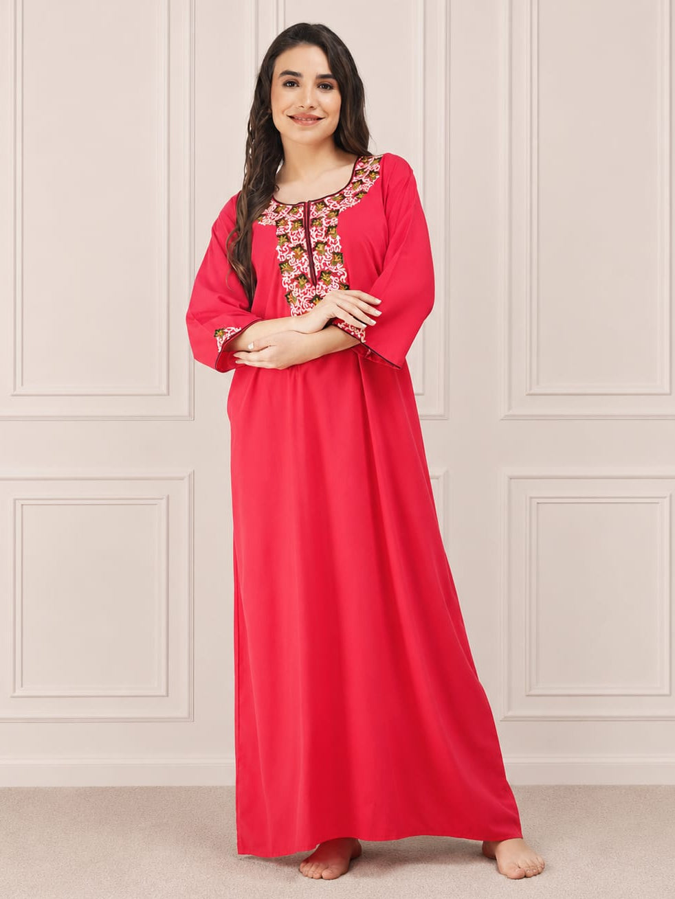 Flowerline Contrast Full Sleeve Night Gown Main image