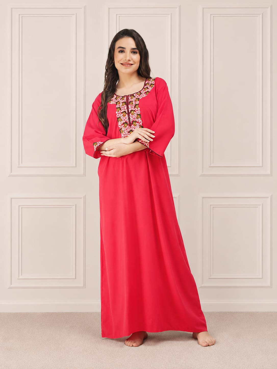 Flowerline Contrast Full Sleeve Night Gown