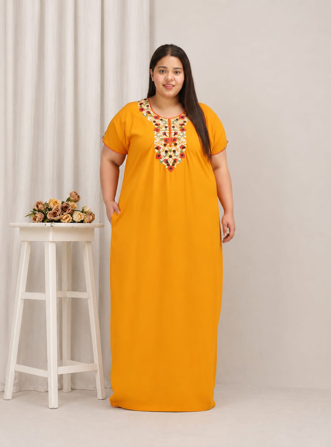 Flowerline Contrast Embroidered Nightgown