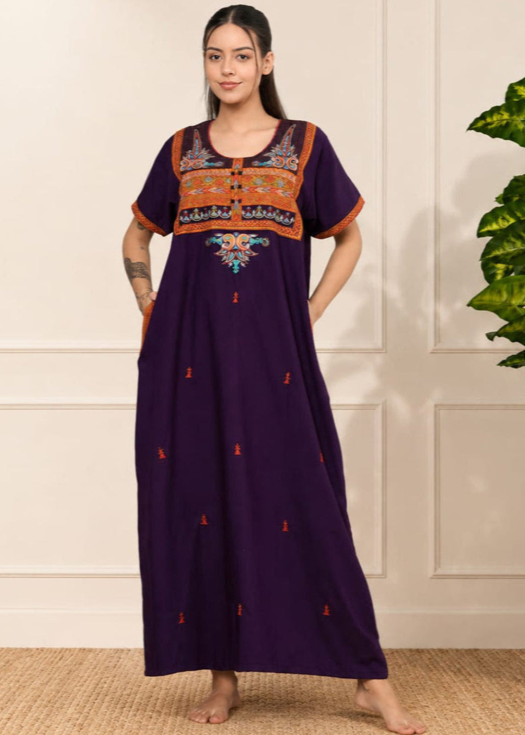 KOI SLEEPWEAR SQR neck bhopali embroidered gown Main image