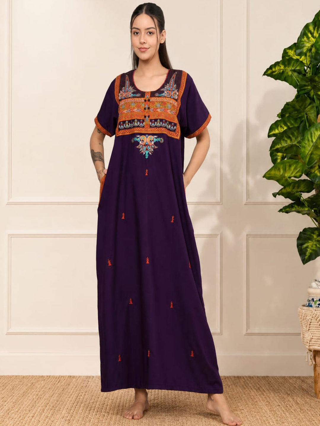 KOI SLEEPWEAR SQR neck bhopali embroidered gown Main image