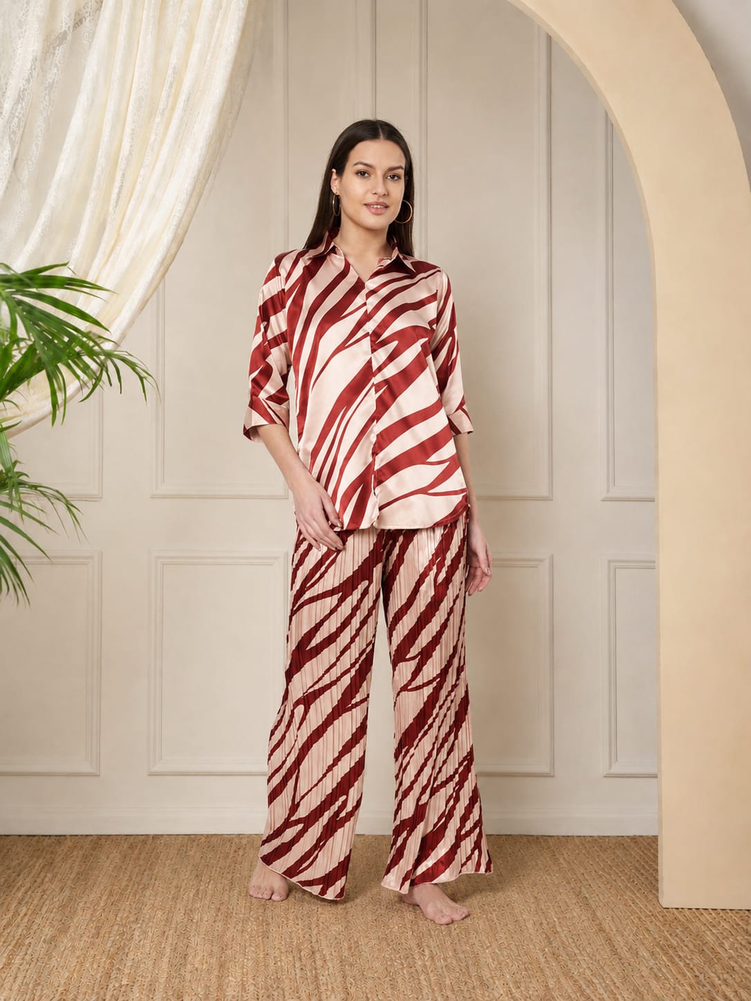 KOI SLEEPWEAR Zebra Print Satin Pleated Coord Set