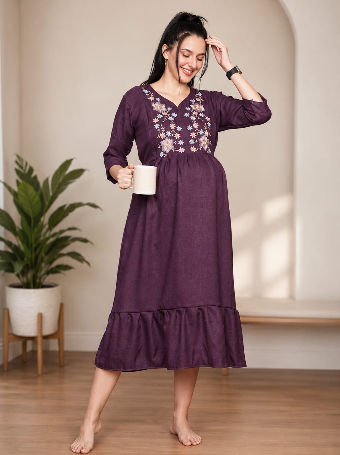 Elegant Floral Embroidered Ruffle Hem Night Gown Main image