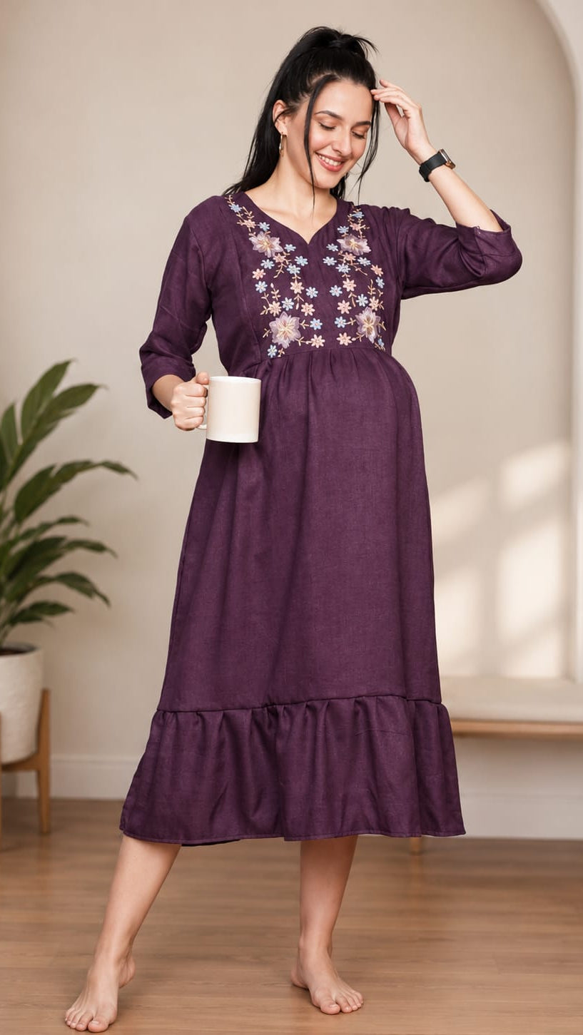 Elegant Floral Embroidered Ruffle Hem Night Gown Main image