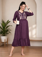 Elegant Floral Embroidered Ruffle Hem Night Gown