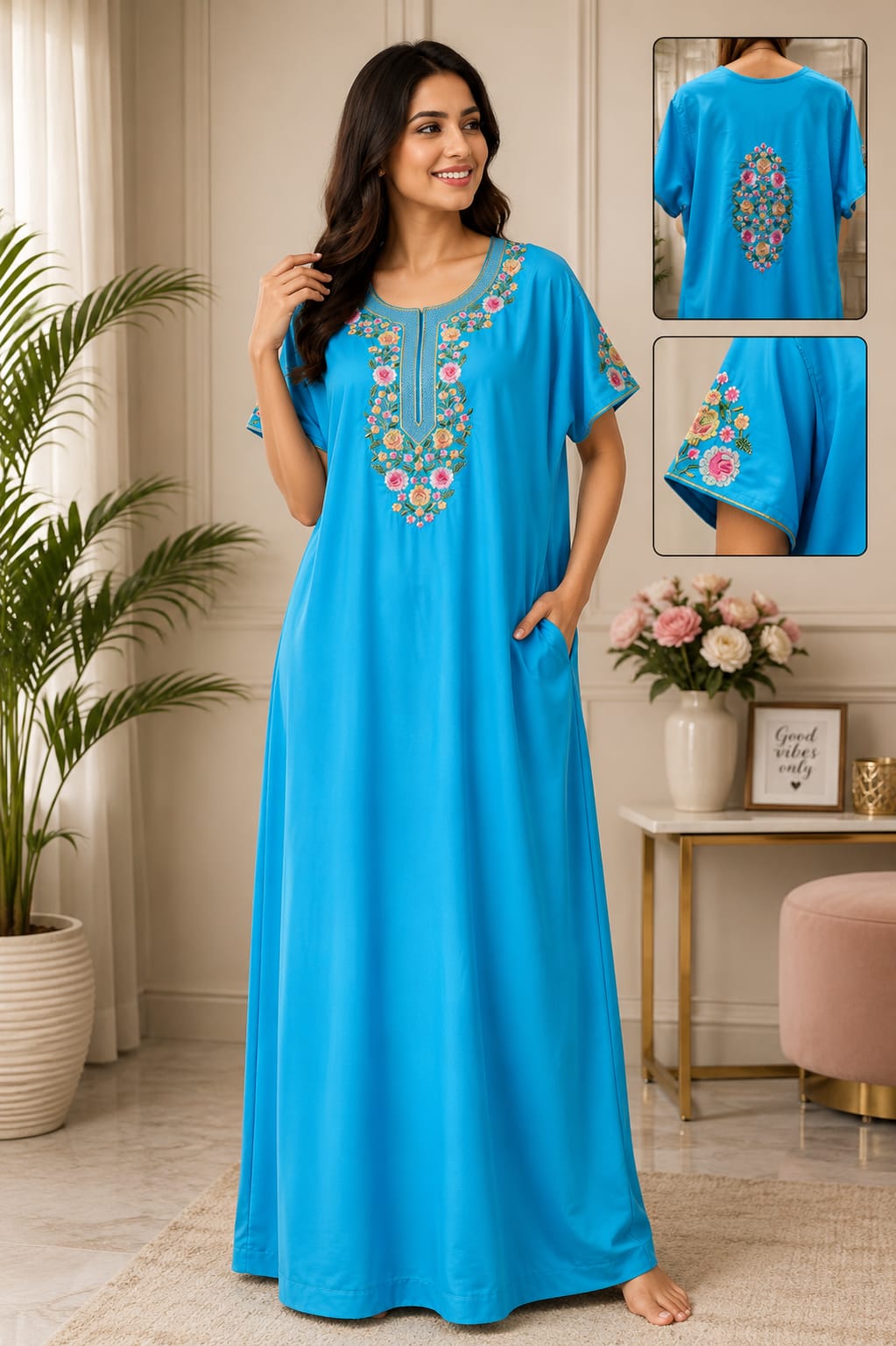 Premium Multicolor Floral Embroidered Long Night Gown for Women – L Size Main image