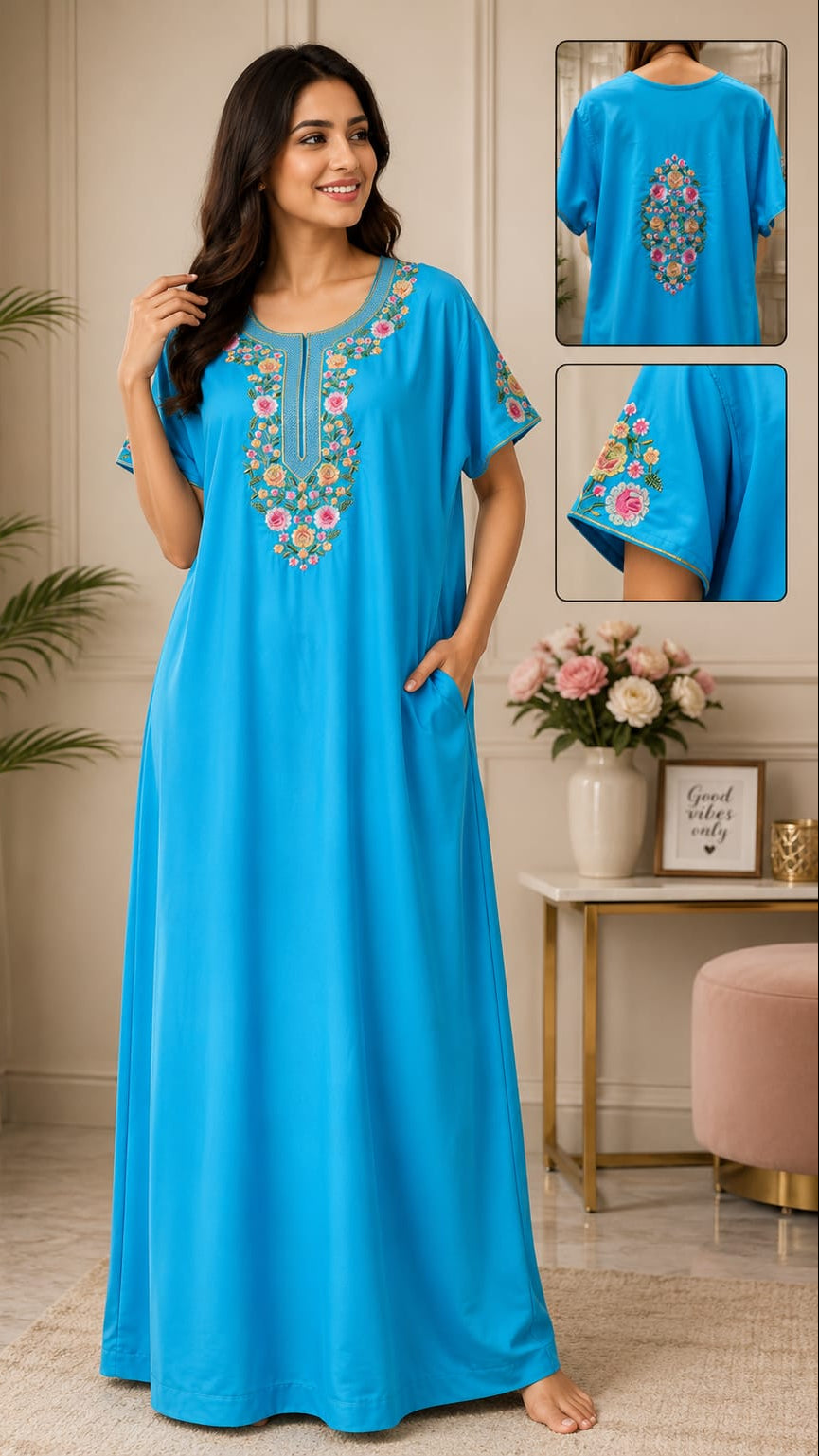 Premium Multicolor Floral Embroidered Long Night Gown for Women – L Size Main image
