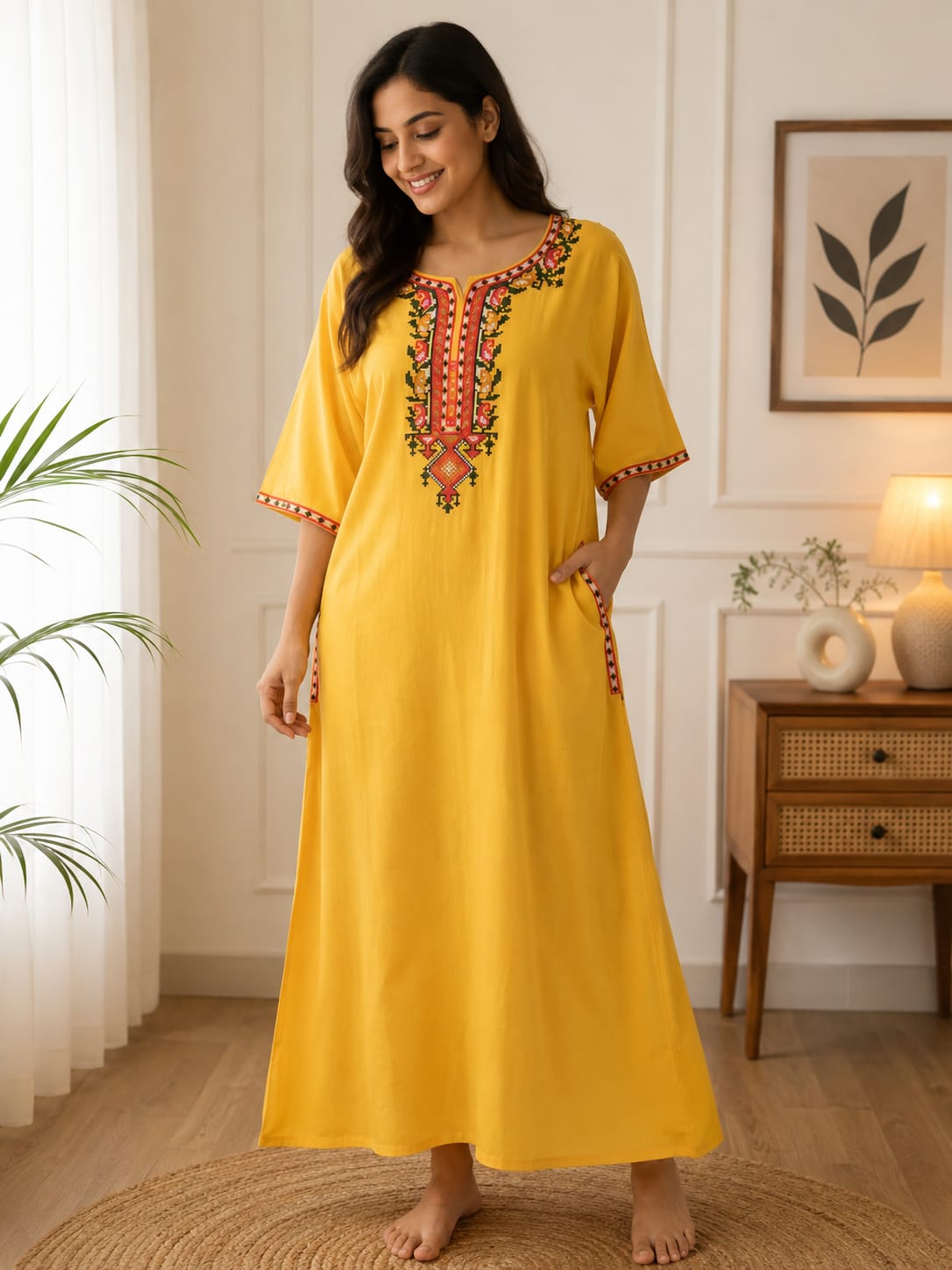Women's Premium Lissy Bissy Cotton Full Sleeve Crosswork Embroidered Night Gown