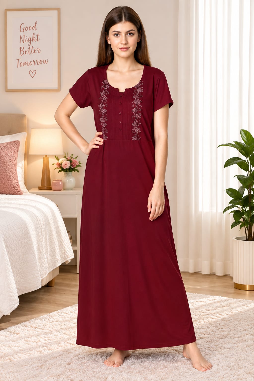 Women’s Floral Embroidered Full Full-Length Hosiery Sleepwear |Elegant Front Embroidery &amp; Button Detailing|Comfortable Relaxed Fit for Everyday Wear|Length Night Gown Secondary image