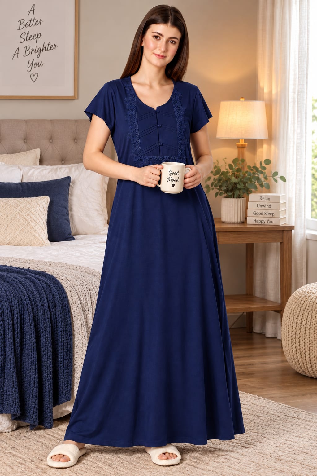 Product Name: Women’s Embroidered Long Nightgown | Comfortable Sleepwear for Women | Full Length Night Dress | Available in XL & XXL