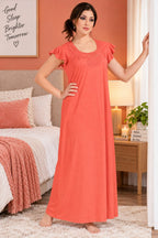 Women’s Embroidered Night Gown with Floral Lace Neckline, Stylish Flutter Sleeves, Soft Comfortable Fabric & Full Length Maxi Design for Sleeping and Loungewear