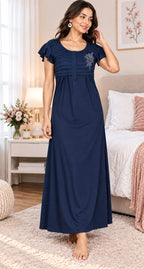 Women’s Premium Hosiery Embroidered Full-Length Night Gown with Ruffle Sleeves