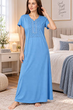 Women’s Elegant Front Embroidered Soft Hosiery Night Gown – Light Blue | 2XL